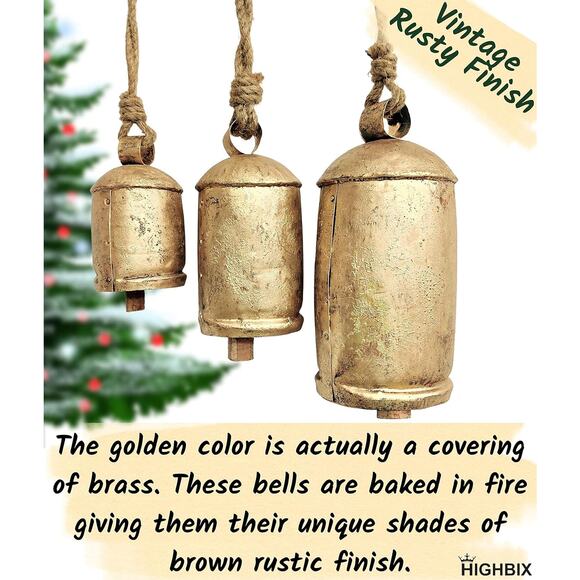 Set 3 Rustic Handmade Brass Cow Bells Vintage Large Christmas Hanging Decor - Picture 5 of 5